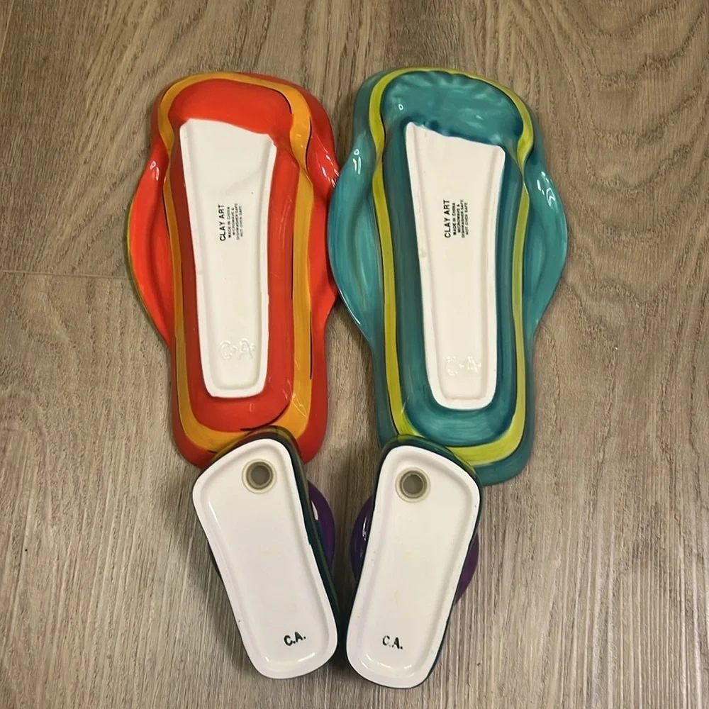 Clay Art Flip Flop Ceramic Party Serving Dishes and Salt & Pepper Shakers NWOT